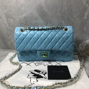 CHANEL Quilted Shoulder Bag in Sky Blue with Gold Chain